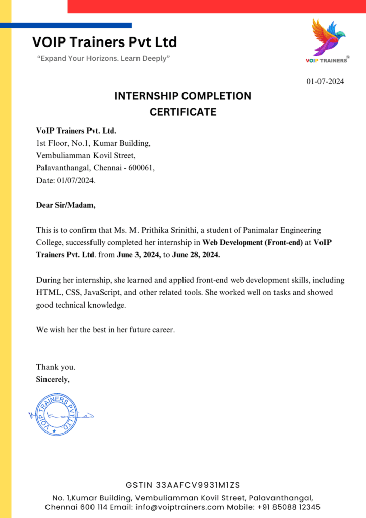 VoIP Trainers internship certificate