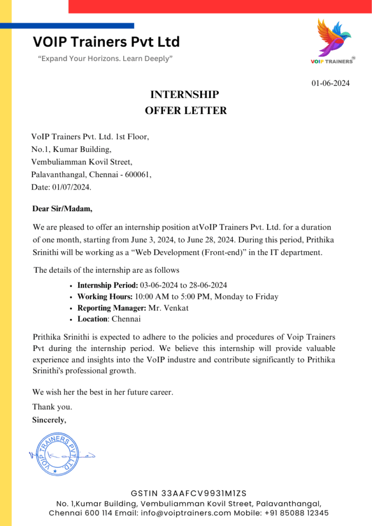 VoIP Trainers internship certificate